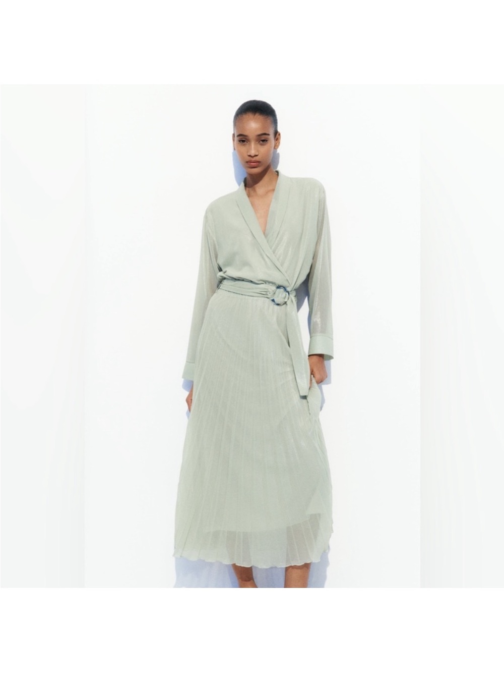 Zara green metallic midi dress with belt size small NWT